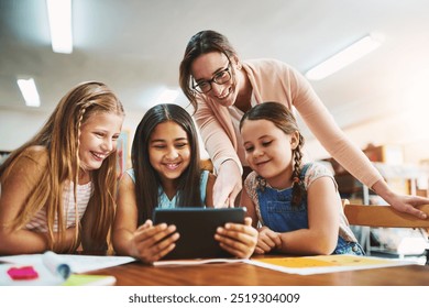 Teacher, kids and digital with tablet for education, elearning and math game for numbers solving skill. School, educator and students in elementary for knowledge, multiplication and studying app - Powered by Shutterstock