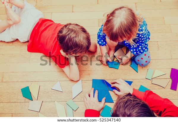 Teacher Kids Playing Geometric Shapes Stock Photo 525347140 