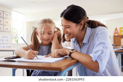Teacher  learning   helping girl in classroom for drawing  studying assessment  Teaching  development   kid student and happy woman for education assistance and notebook in kindergarten 