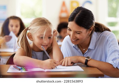 Teacher, learning or helping girl with drawing in classroom, studying or assessment. Teaching, development or kid or student with happy woman for education, assistance or art notebook in kindergarten - Powered by Shutterstock