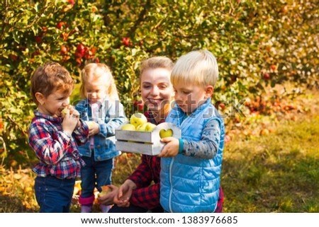 Similar – Image, Stock Photo Boy taking photo to family with apples in basket