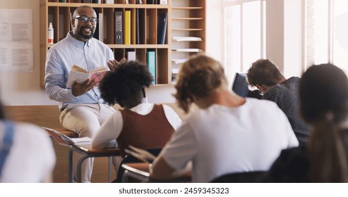 Teacher, presentation and exam with learning, help and support for education and knowledge. Man, teenager and classroom with school, test and high school development for future growth for writing - Powered by Shutterstock