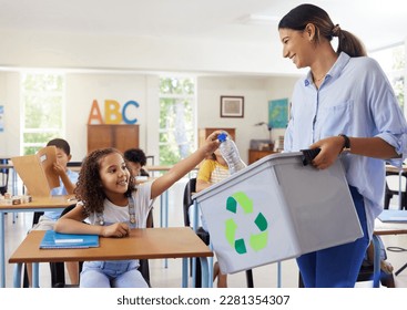 Teacher, recycle bin and girl in classroom throwing trash for cleaning, climate change or eco friendly in school. Recycling plastic, learning and education with happy student or kid in kindergarten. - Powered by Shutterstock