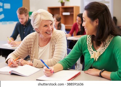 Teacher And Student Sit Together At An Adult Education Class