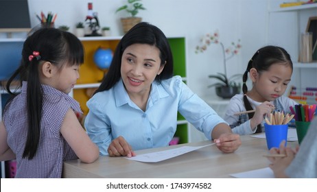 The Teacher Is Talking To The Children In The Classroom.