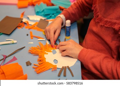 Teacher Teach Preschool Kids In Art Class. Kids Mask Handmade. Kids Study Art Entertainment.