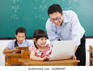 teacher teaching the computer with children  in classroom
