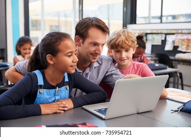 Teacher and two young students use laptop computer in class