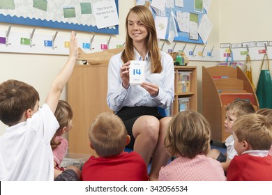 Teacher Using Number Flash Cards To Teach Maths