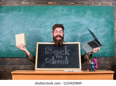 Teacher Welcomes Pupils Study Traditional And Modern Subjects. Private School Advertising Boost Enrollments. Teacher Or School Principal Welcomes Blackboard Inscription Back To School. Study With Us.