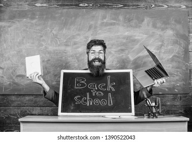 Teacher Welcomes Pupils Study Traditional And Modern Subjects. Private School Advertising Boost Enrollments. Teacher Or School Principal Welcomes Blackboard Inscription Back To School. Study With Us.