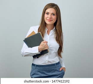 Teacher Woman Holding Books. Isolated Female Portrait.