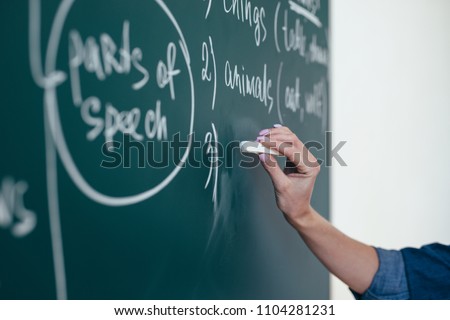The teacher writes English rules on the blackboard.
