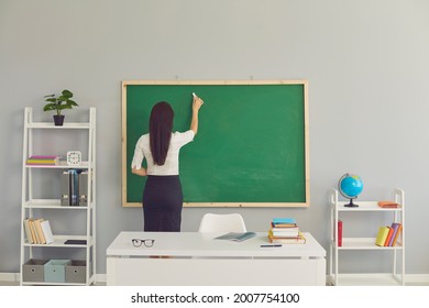 Teacher writing on board in classroom. Back view of young school teacher standing in front of green chalkboard, holding piece of chalk and writing the topic of today's lesson. Education concept - Powered by Shutterstock