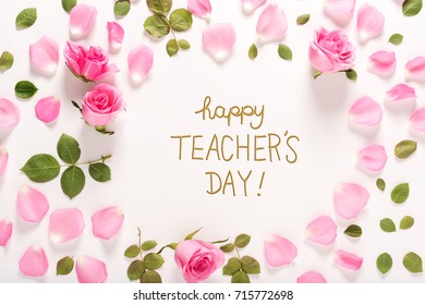 Teacher's Day Message With Roses And Leaves Top View Flat Lay