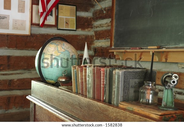 Teachers Desk Chalkboard Oldfashioned Oneroom Schoolhouse Stock