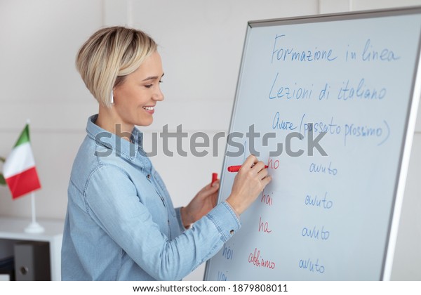 Teaching foreign\
languages online. Cheerful female teacher giving Italian class,\
writing down basic rules on blackboard. Experienced school teacher\
explaining grammar to\
students