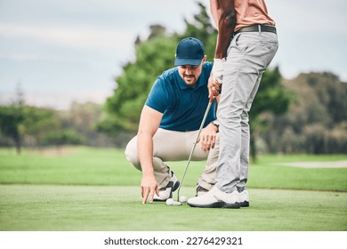 Teaching, golf lesson and sports coach help man with swing, putter and stroke outdoor. Golfing, green course and club support of a golfer athlete ready for exercise, fitness and training for a game.