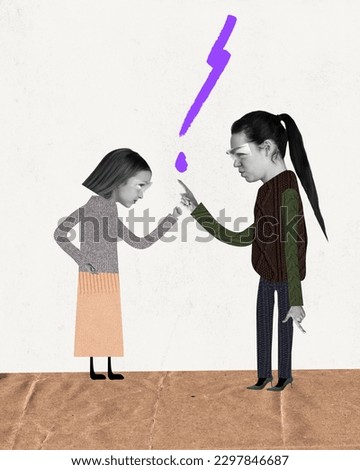 Teaching good manners. Contemporary art collage with angry mother moralizing little sad girl, daughter over white background. Concept of parenthood, relationship, childhood, quarrel, emotion, ad