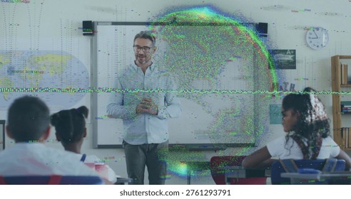 Teaching teacher standing at front of class, in light shirt and glasses, with whiteboard and glitch. Students, instructor, education, learning, worldmap, clock, desks