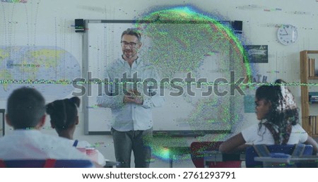 Teaching teacher standing at front of class, in light shirt and glasses, with whiteboard and glitch. Students, instructor, education, learning, worldmap, clock, desks