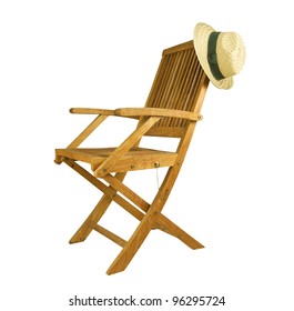 Teak Deck Chair With Sun Hat On A White Background