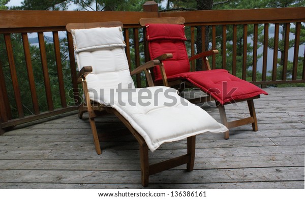 Teak Padded Lounge Chairs On Cottage Stock Photo Edit Now 136386161