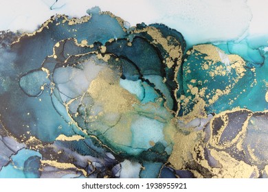 Teal Black Gold Alcohol Ink Fluid Art - Shutterstock ID 1938955921