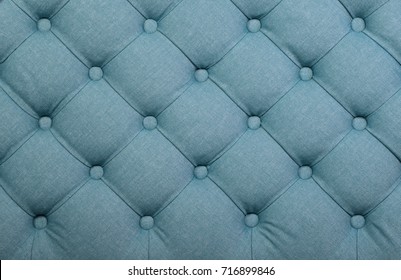 Teal Blue Capitone Textile Background, Retro Chesterfield Style Checkered Soft Tufted Fabric Furniture Decoration With Buttons, Close Up