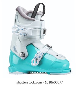 Teal Blue Ski Boot Isolated on White. Tour Carbon Ski Boots. Ski Equipment. Alpine Touring Boot Side View. Snowboarding Protective Gear. Modern Winter Shoes for Alpine and Cross Country Skiing