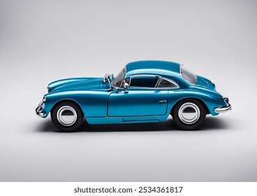 A teal blue toy car model of a classic coupe with chrome details, black tires, and a white background. - Powered by Shutterstock