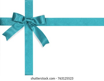 Teal Bow Satin Ribbon Isolated On White Background With Clipping Path For Gift Box Wrap And Holiday Card Design Decoration Element