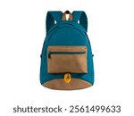 Teal and brown backpack featuring adjustable straps, a front zippered pocket, a main compartment, and a yellow zipper pull, perfect for everyday use and school activities.