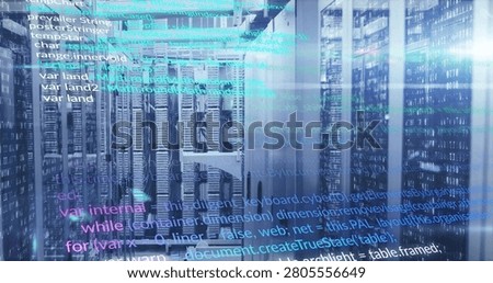 Teal code overlay appearing on server-rack aisle, scrolling and brightening, visualizing data flow. Datacenter, cabinets, cabling, leds, reflections, minimalist, visualization