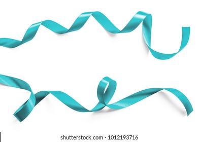 Teal Green Blue Mint Color Satin Ribbon Isolated On White Background With Clipping Path For Holiday Gift Wrap Or Present Box Design Decoration Element