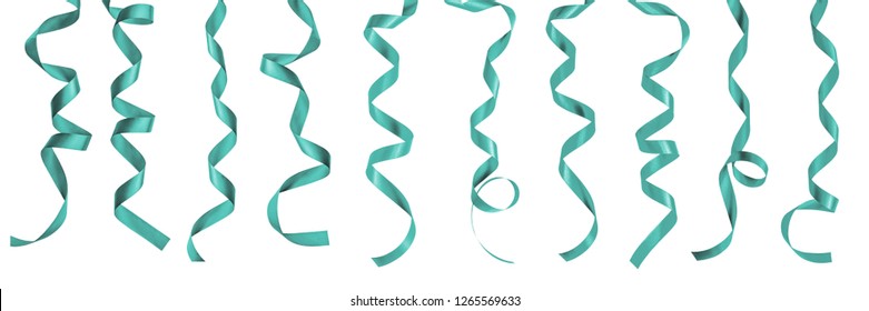 Teal Green Blue Satin Ribbon Bow Scroll Set Isolated On White Background With Clipping Path For Holiday And Wedding Card Design Decoration