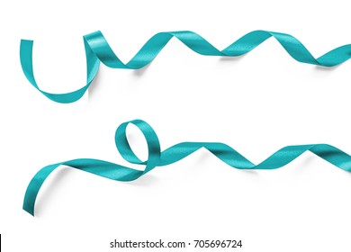 Teal Green Ribbon Satin Curly Bow Color (isolated With Clipping Path) On White Background For Holiday Decoration Element