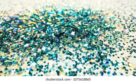 Teal And Silver Pile Of Glitter With Star Glitter, Defocused, Selective Focus, Heap, Pile, Mound.