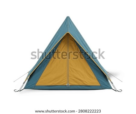 Teal and yellow retro triangular tent, front view closed entrance, isolated on white background