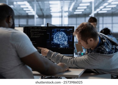 Team of admins does data center workplace automation using AI and machine learning tools. Teamworking colleagues integrating artificial intelligence driven automation in server hub facility operations - Powered by Shutterstock - Get 15% off with code: PIKWIZARD15