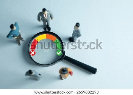 A team analyzing customer satisfaction and experience (CX). A magnifying glass on a score meter, representing feedback, a good rating, or a high Net Promoter Score (NPS) from a survey.