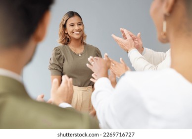 Team applause, business woman and success of leader or winner achievement, growth or motivation. Happy entrepreneur person with staff clapping hands for group celebration, manager promotion or goals - Shutterstock ID 2269716727