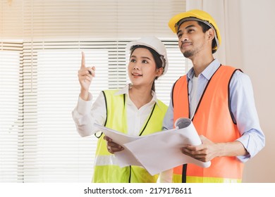 Team Architect Builder Home Or Apartment, Worker Asian Inspecting Reconstructed Construction Building, Renovation Or Defect, Check Quality The Finish Before Handing It Over To Client In Workplace Site