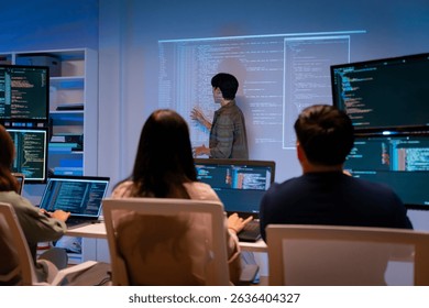 Team Asian software engineer or programmer team working late in development office,problem solving or algorithm of ai assistant helping for work.software developer,digital technology security concept
