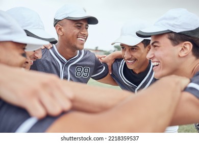 Team, baseball men in game, strategy or planning on grass pitch, sports field or team building in fitness, training or workout match. Smile, happy sport people in motivation talk in softball huddle - Powered by Shutterstock