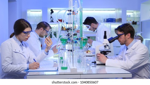 Team Of Biologists Work Activity In Research Lab, Medical Scientists Workers Researching In Scientific Research Laboratory