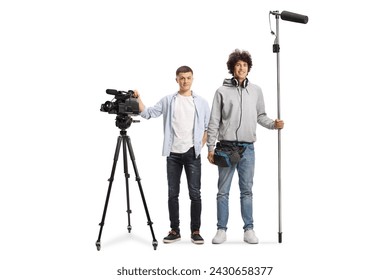 Team of boom and camera operators with recording equipment isolated on white background