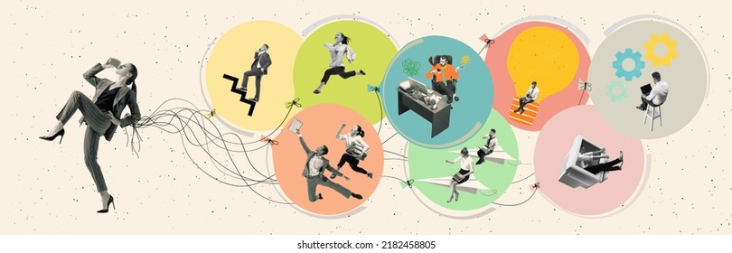 Team Building. Contemporary Art Collage With Woman And People As Employees Working Hardly Isolated Over White Background, Concept Of Art, Finance, Career, Co-workers, Team. Flyer