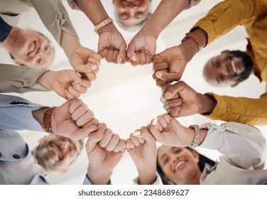 Team building, fist bump and business people portrait in office for teamwork, support or faith from below. Diversity, hands and team face together sign for union, trust and partnership or motivation