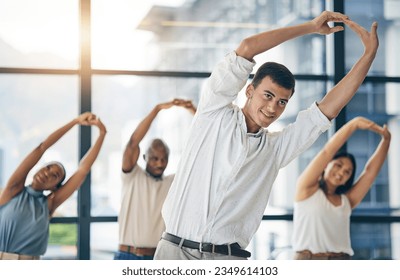 Team building, stretching and a team of business people in the office to workout for health or mobility together. Exercise, fitness and training with an employee group in the workplace for a warm up